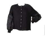 black button down top with beading sleeve