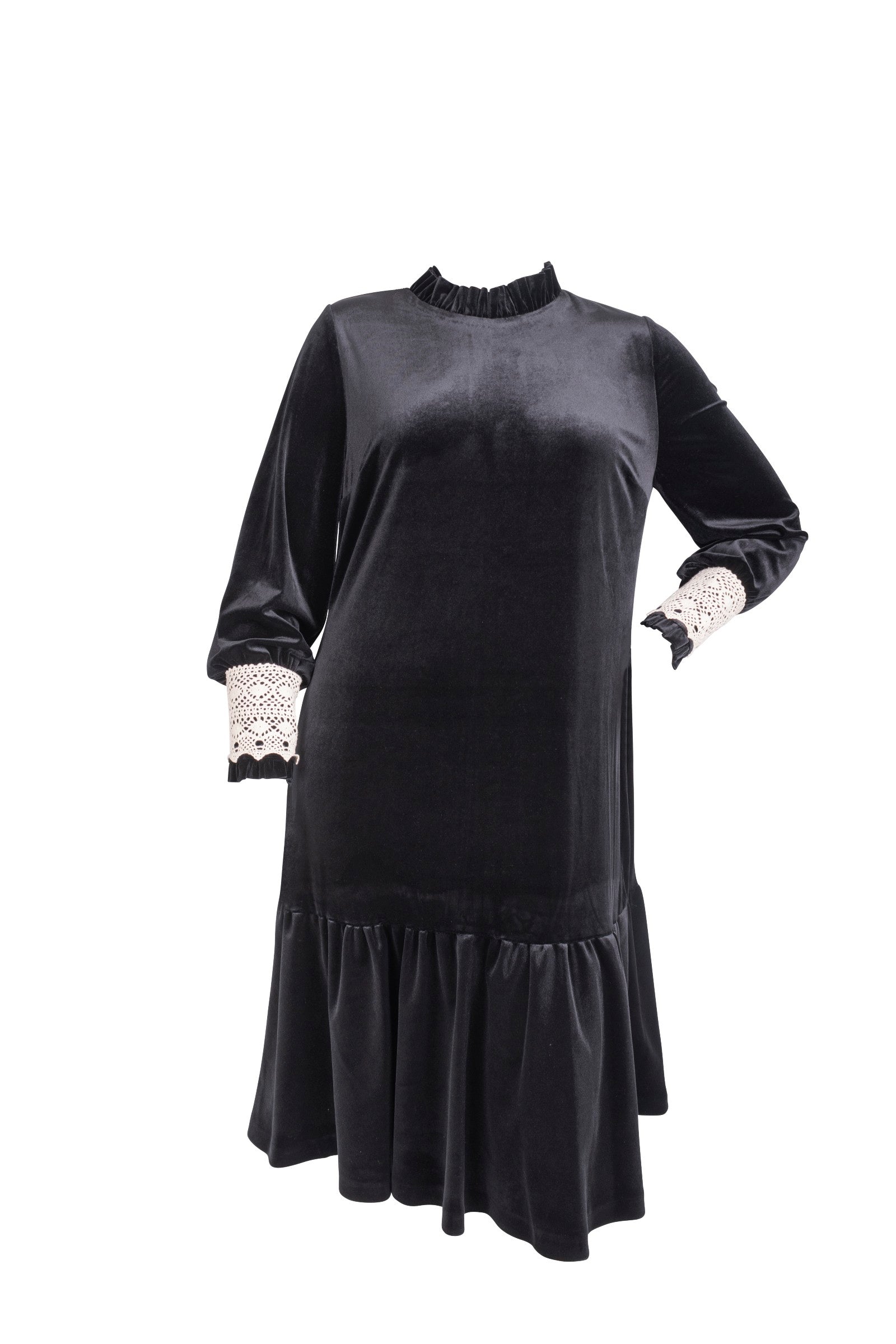 BLACK VELOUR DRESS WITH LACE CUFFS